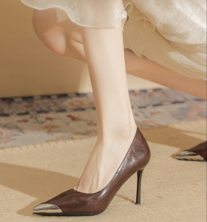 Retro sheepskin shoes low metal high-heeled shoes for women