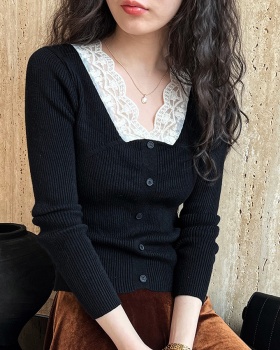 V-neck Korean style slim lace bottoming splice sweater