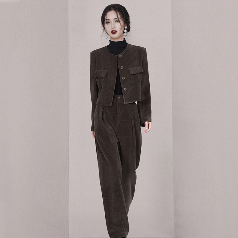 Autumn and winter wide leg pants corduroy tops 2pcs set