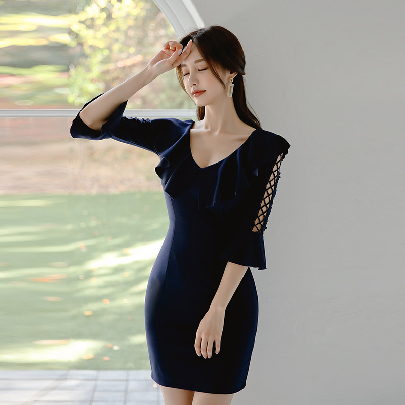 Splice speaker wavy edge slim V-neck Korean style dress
