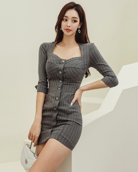 Small fellow sexy autumn stripe ladies Korean style dress