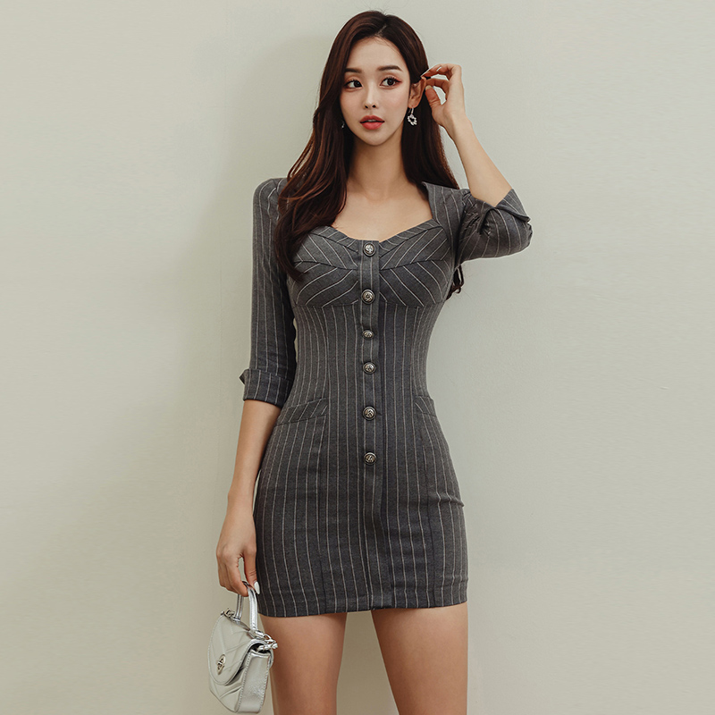 Small fellow sexy autumn stripe ladies Korean style dress