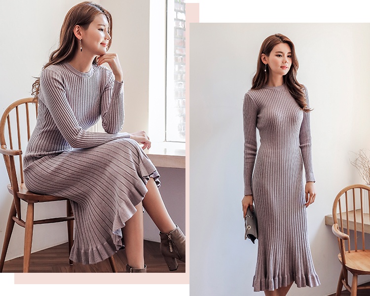 Korean style knitted half high collar wavy edge slim dress