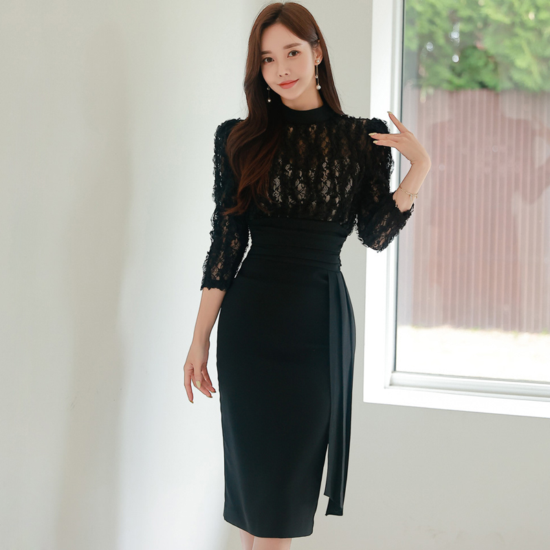 Lace splice temperament pinched waist Korean style long dress