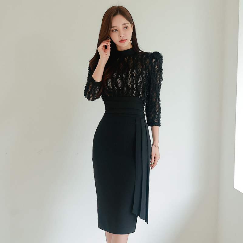 Lace splice temperament pinched waist Korean style long dress