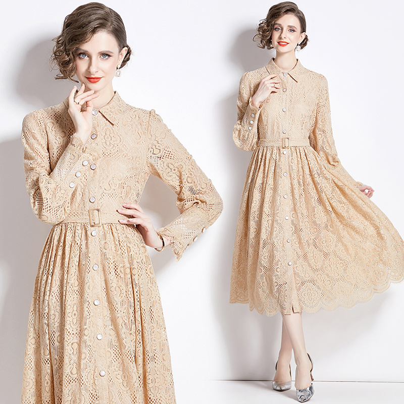 Lapel spring and autumn long dress lace dress for women