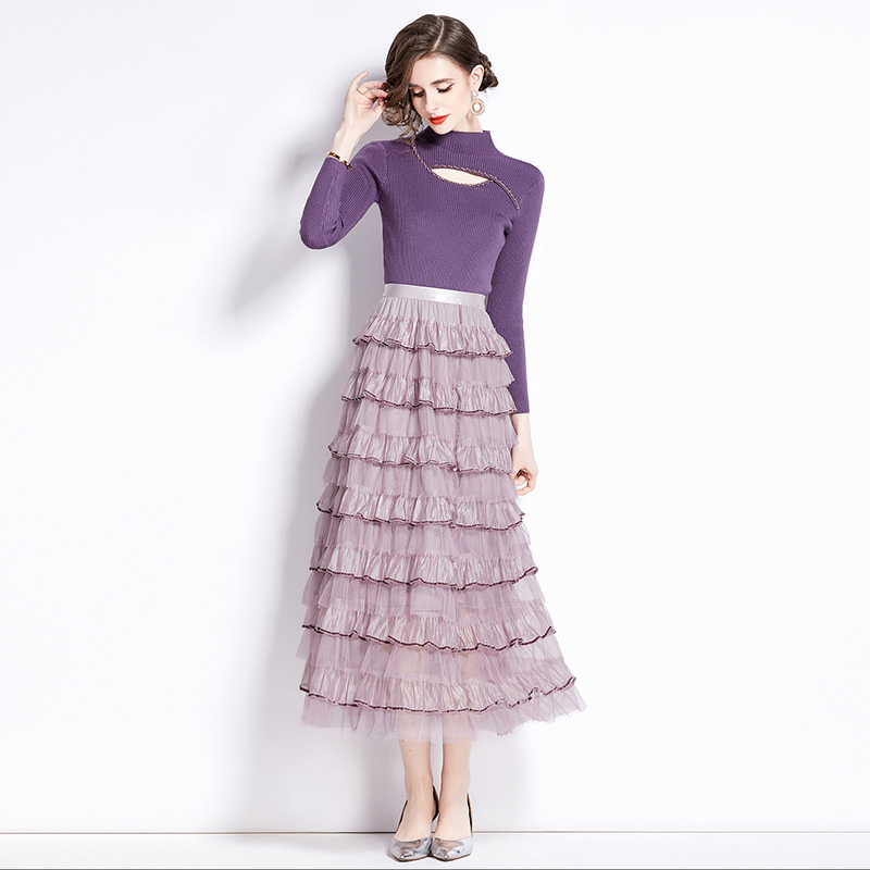 Splice cake dress long sleeve knitted skirt 2pcs set