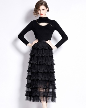 Splice round neck dress fashion skirt 2pcs set for women