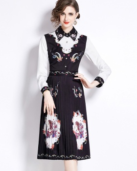 Printing fashion slim lapel long sleeve dress for women
