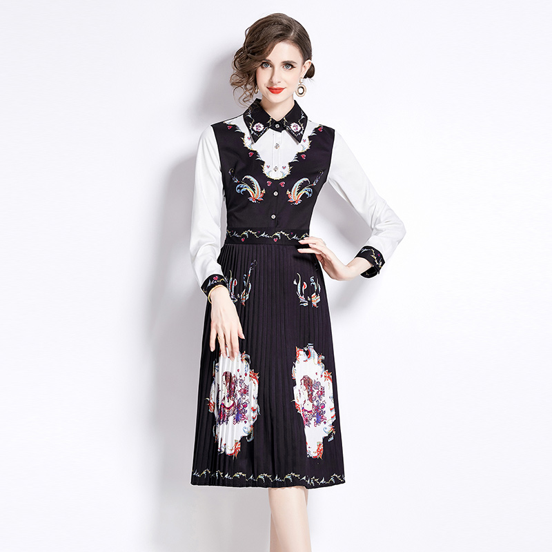 Printing fashion slim lapel long sleeve dress for women