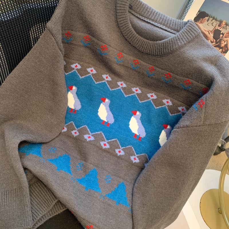 Pattern retro winter Korean style small penguin sweater