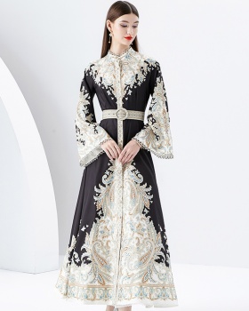 Trumpet sleeves lace printing long court style spring dress