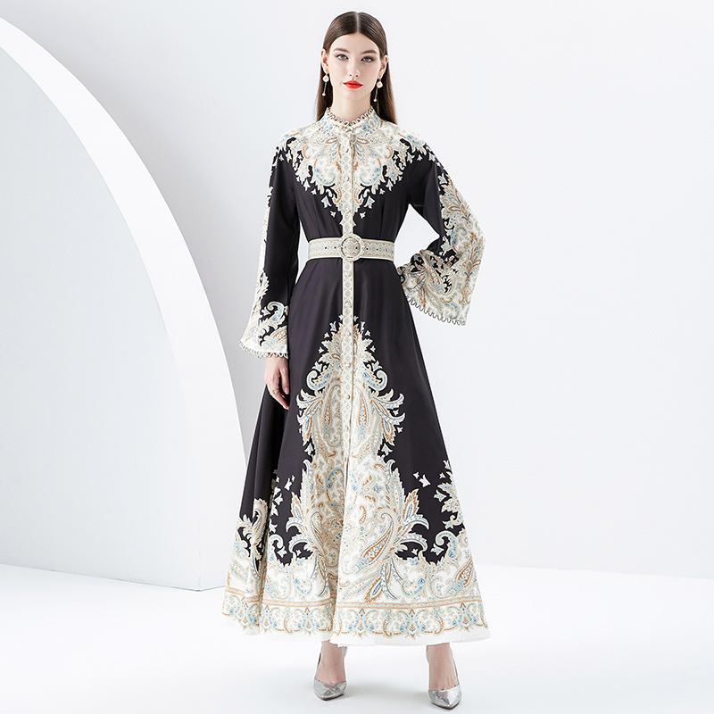 Trumpet sleeves lace printing long court style spring dress