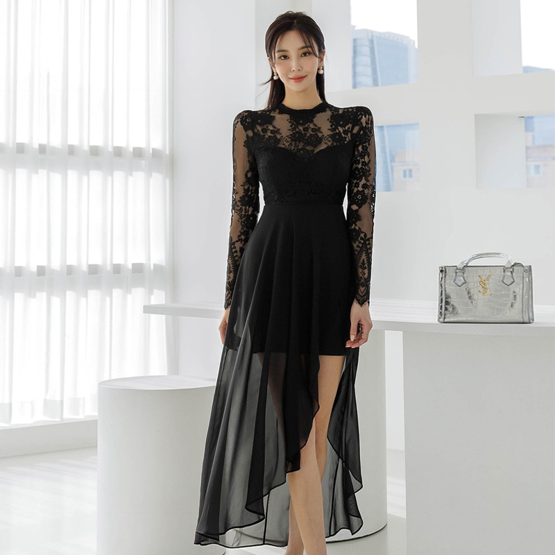 Long sleeve high waist Korean style split dress