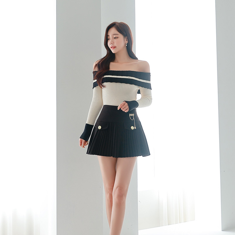 Horizontal collar autumn tops strapless short skirt