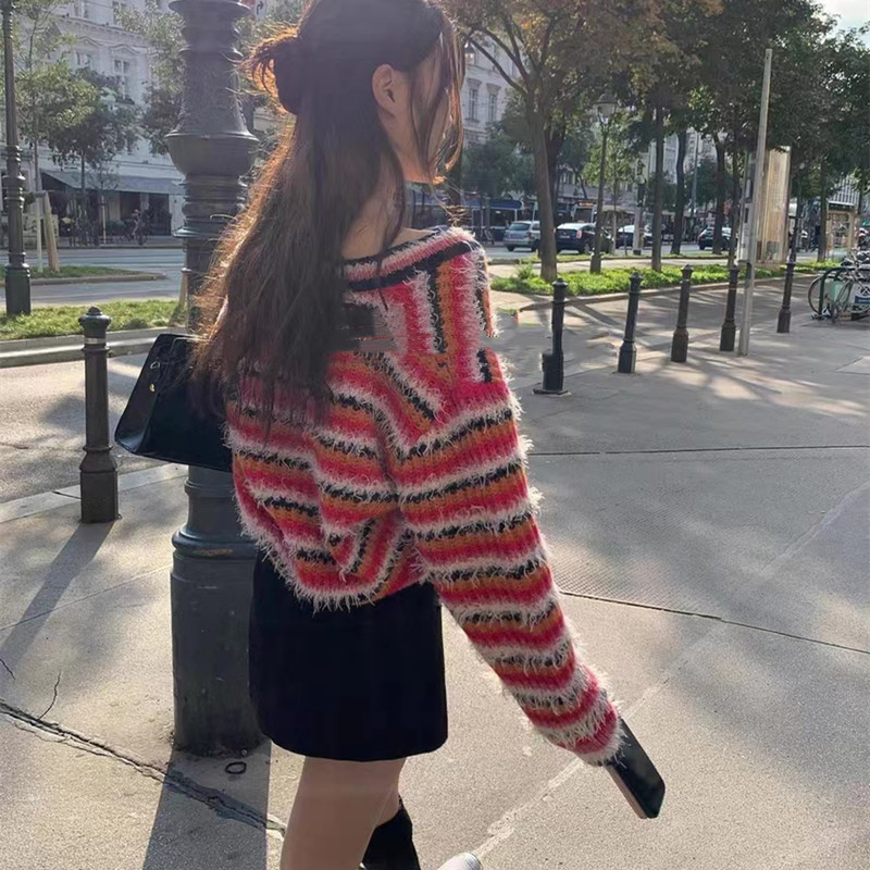 Stripe mixed colors V-neck winter sweater for women