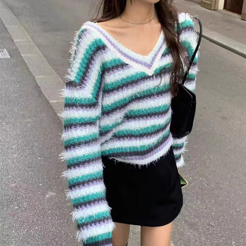 Stripe mixed colors V-neck winter sweater for women