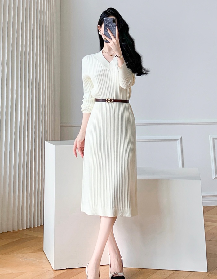 Autumn large yard V-neck knitted sweater dress for women