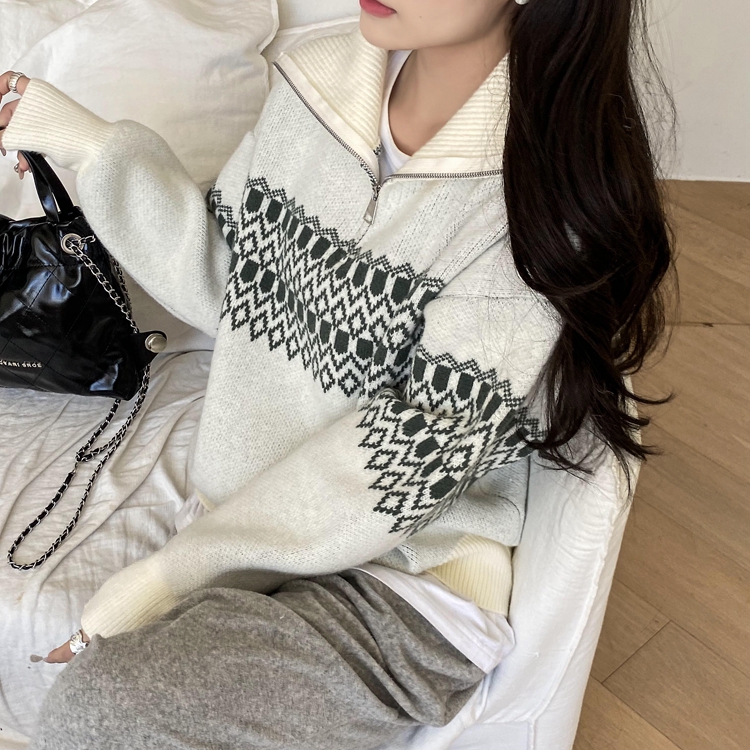 Half zip mixed colors sweater autumn and winter doll shirt