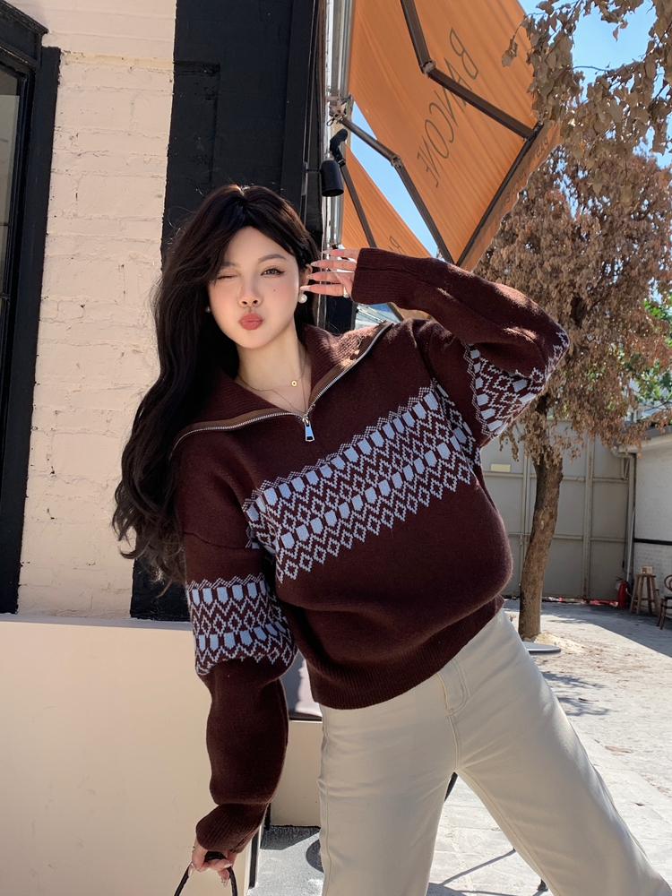 Half zip mixed colors sweater autumn and winter doll shirt