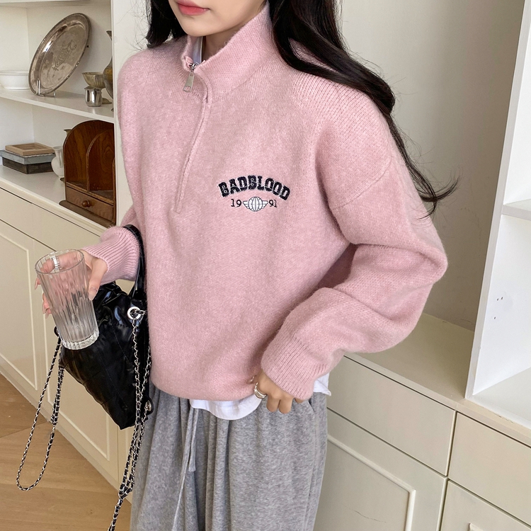Pullover half zip doll shirt retro letters sweater