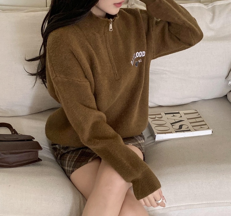 Pullover half zip doll shirt retro letters sweater