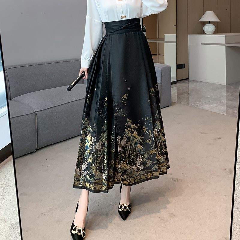 High waist black autumn and winter pleated thick skirt