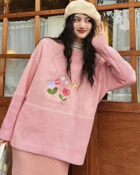 Retro splice loose long sleeve knitted winter sweater for women