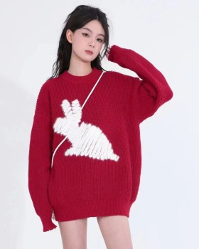 Retro winter lazy sweater round neck rabbit fur coat for women