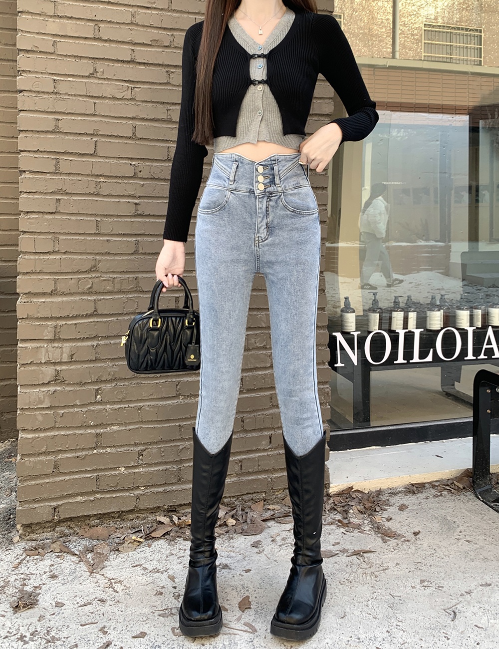 Slim high waist jeans fleece pencil pants for women