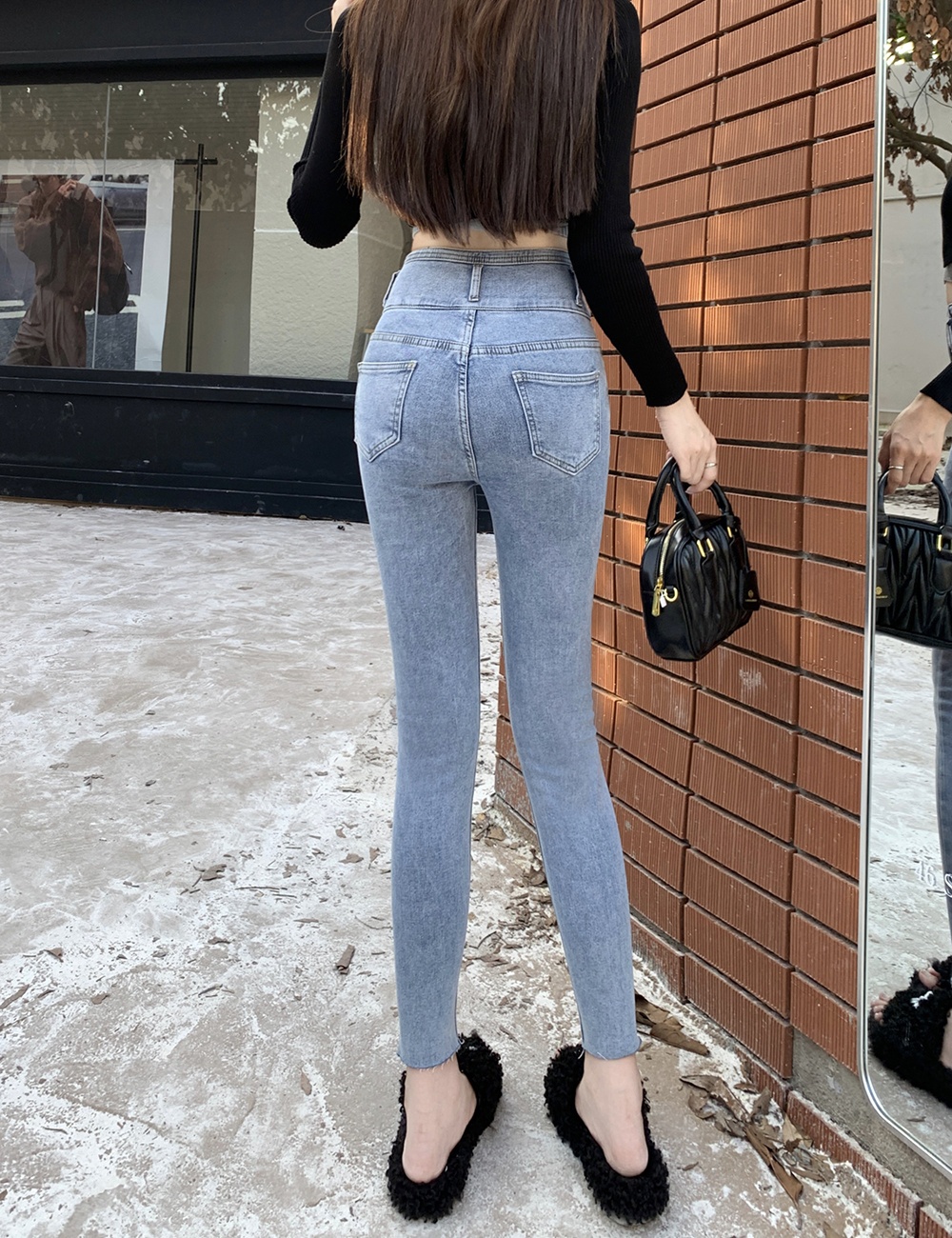 Slim high waist jeans fleece pencil pants for women