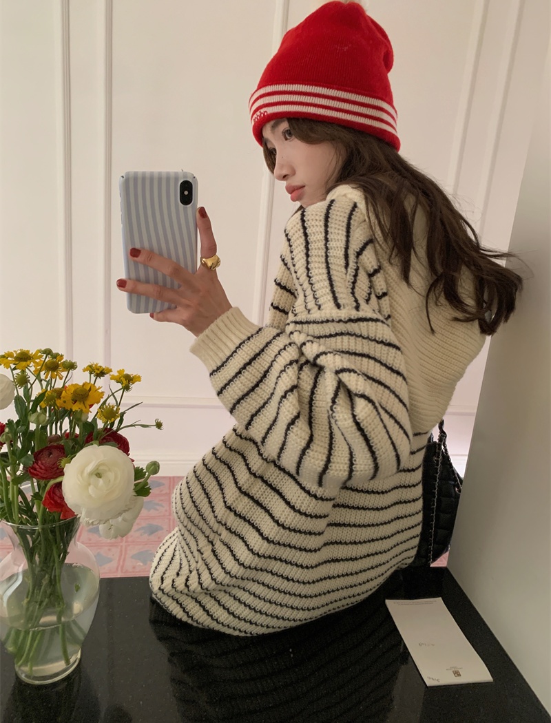 Long sleeve stripe Casual pullover college style hooded sweater