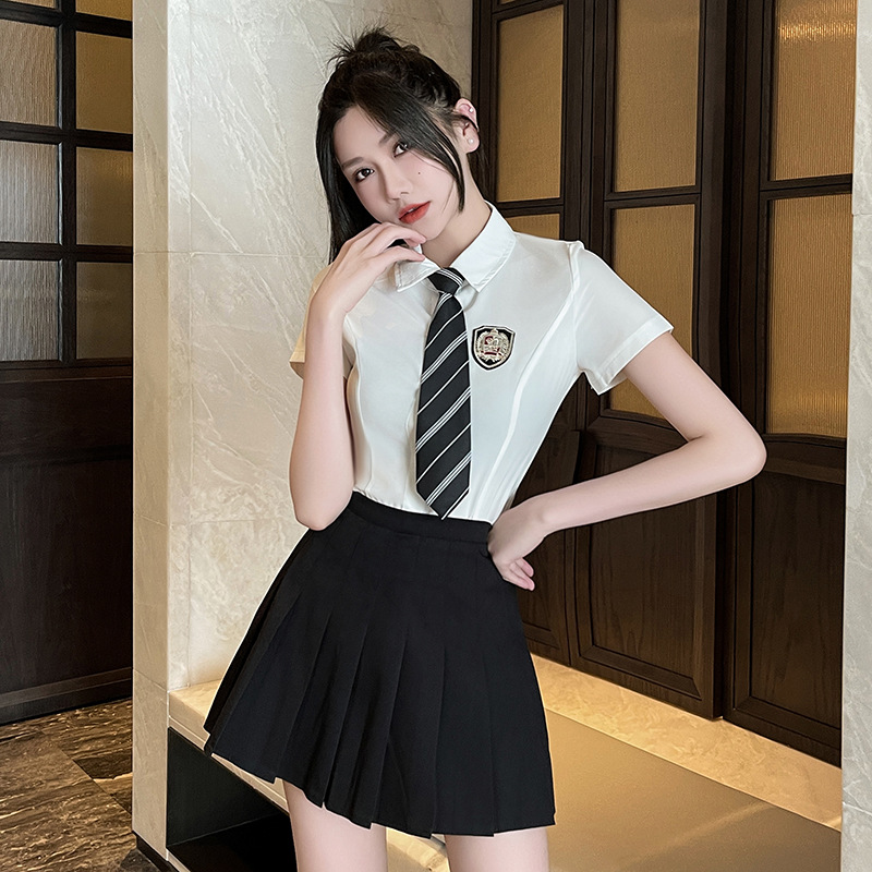 Pleated college style skirt short sleeve uniform 2pcs set