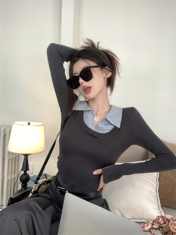 Slim mixed colors bottoming shirt knitted splice sweater