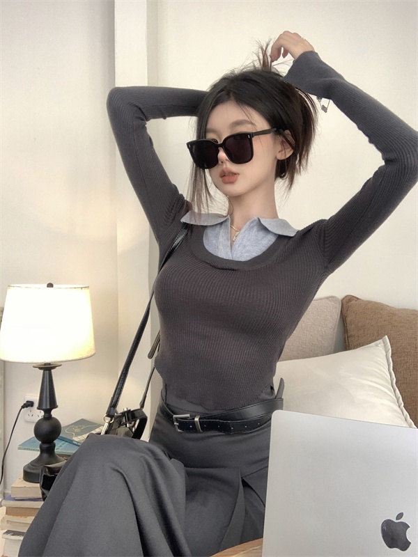 Slim mixed colors bottoming shirt knitted splice sweater