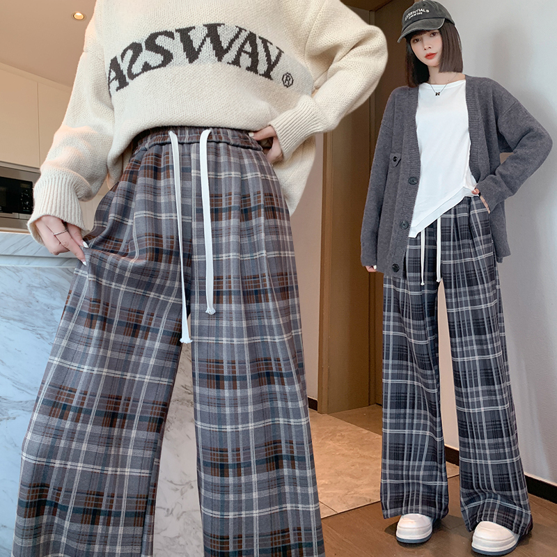 Retro wide leg pants mopping plaid pants for women