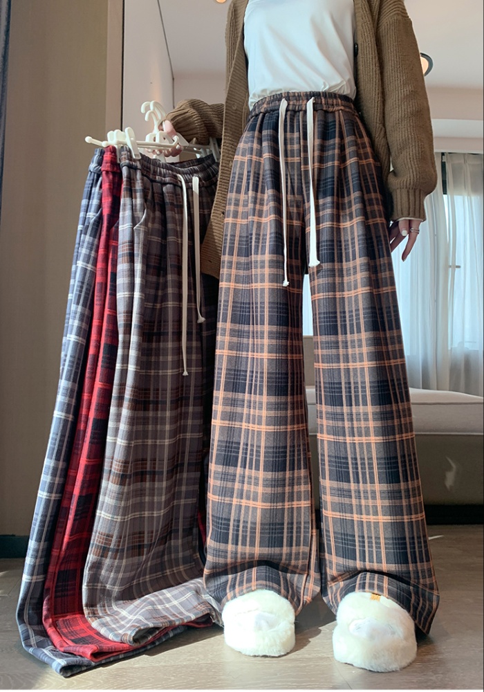 Retro wide leg pants mopping plaid pants for women