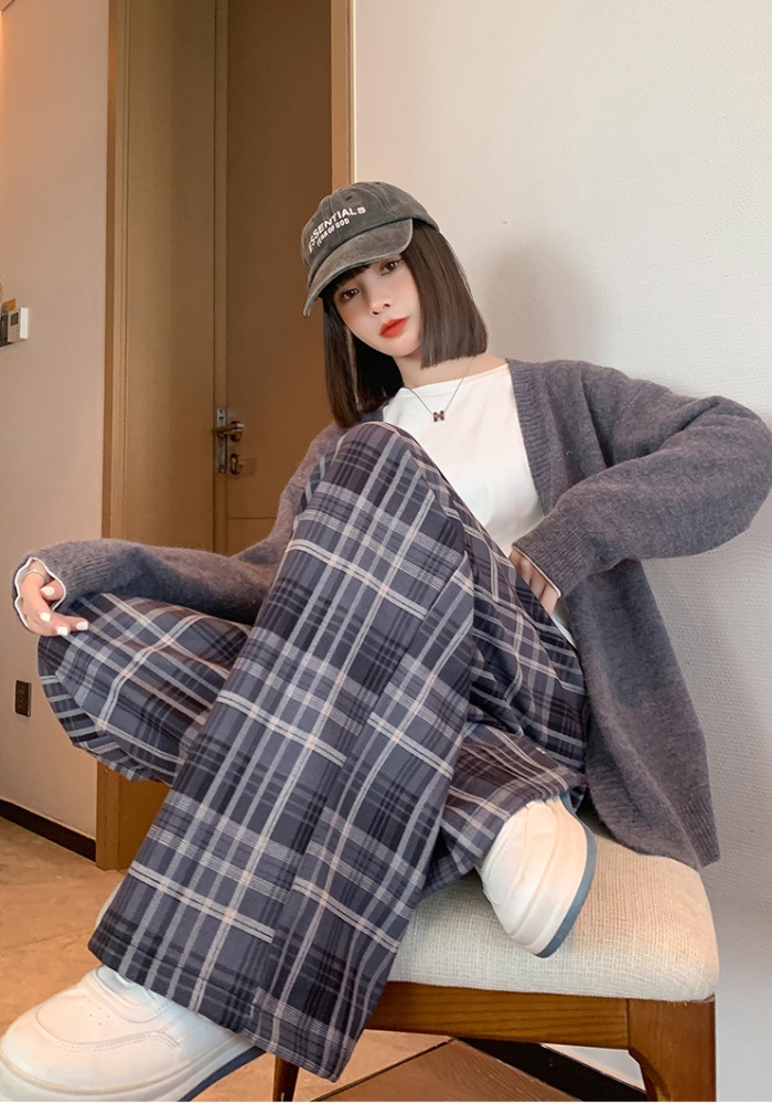 Retro wide leg pants mopping plaid pants for women