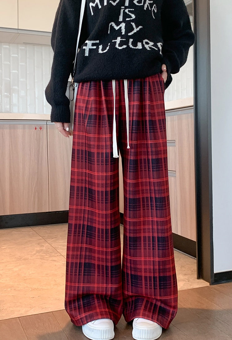 Retro wide leg pants mopping plaid pants for women