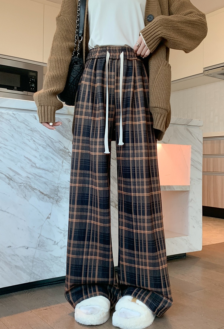 Retro wide leg pants mopping plaid pants for women