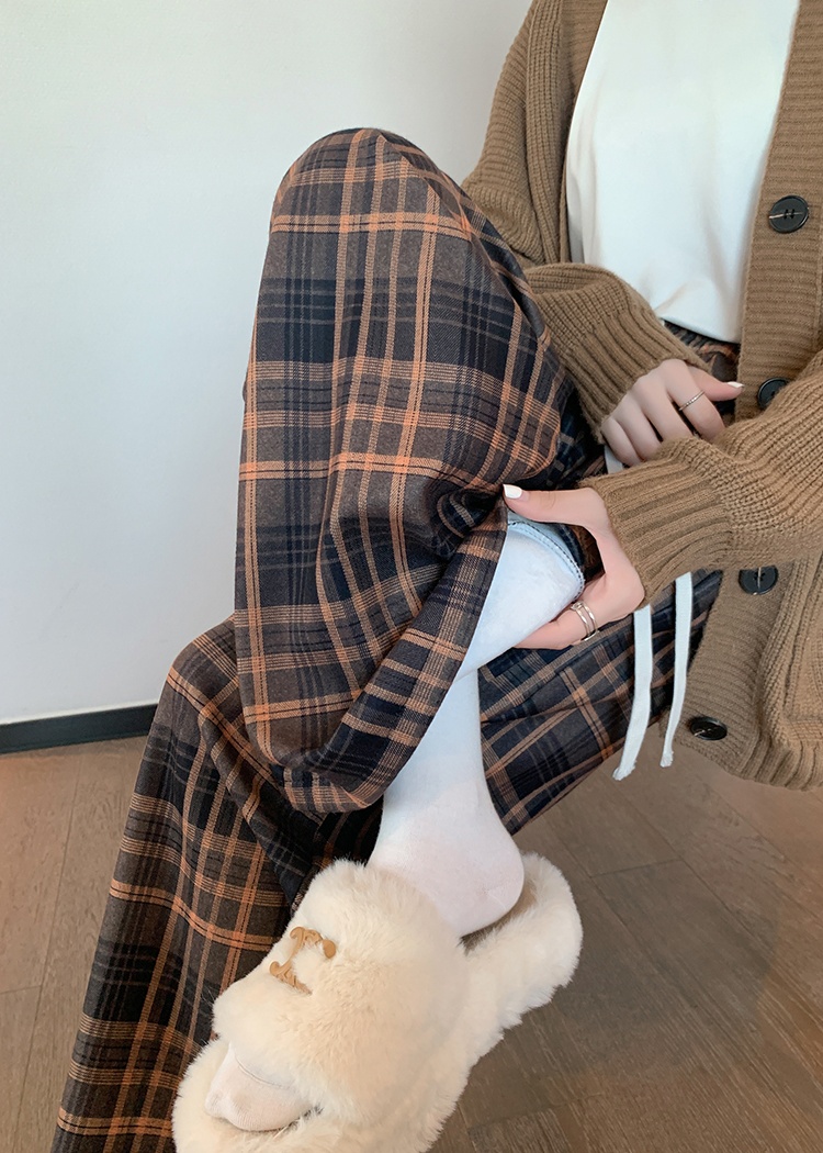 Retro wide leg pants mopping plaid pants for women