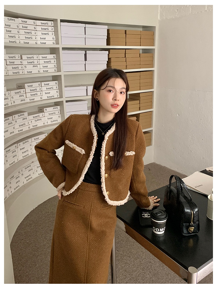 Chanelstyle woolen skirt winter coat 2pcs set for women