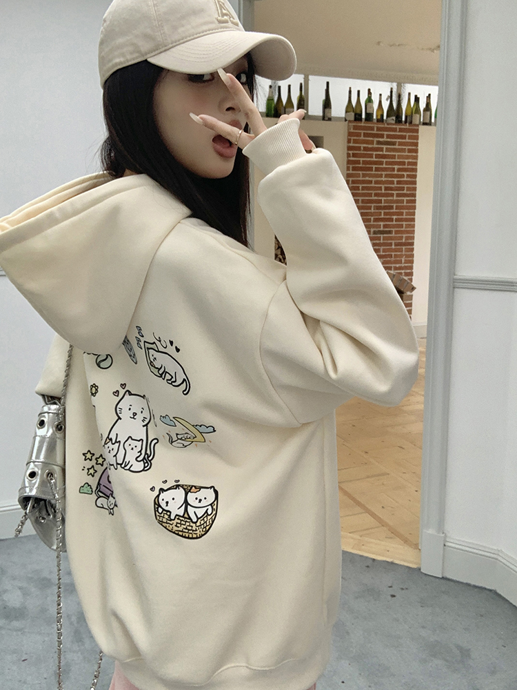Plus velvet Casual printing shirts hooded kitty loose tops