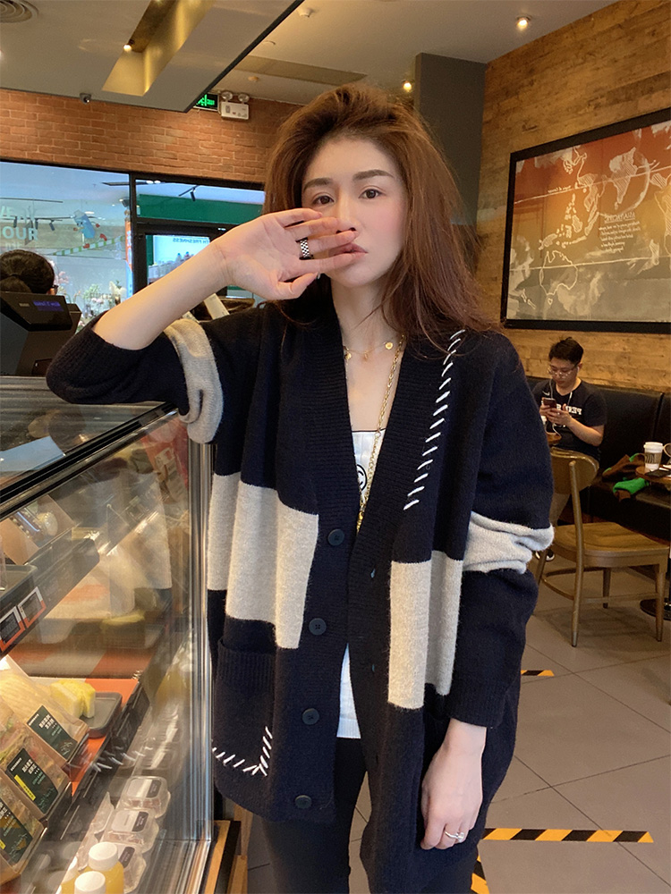 Loose cardigan mixed colors sweater for women