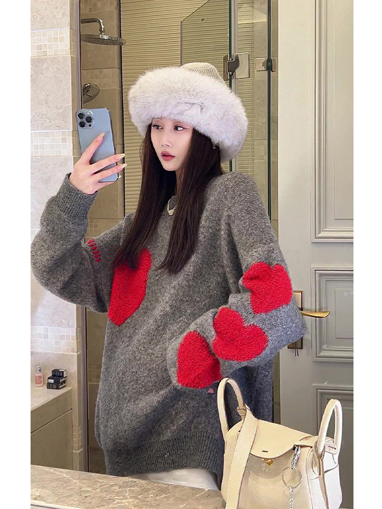 Autumn and winter gray heart tops knitted lazy sweater