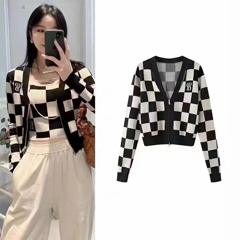 Slim short coat Korean style chessboard cardigan for women