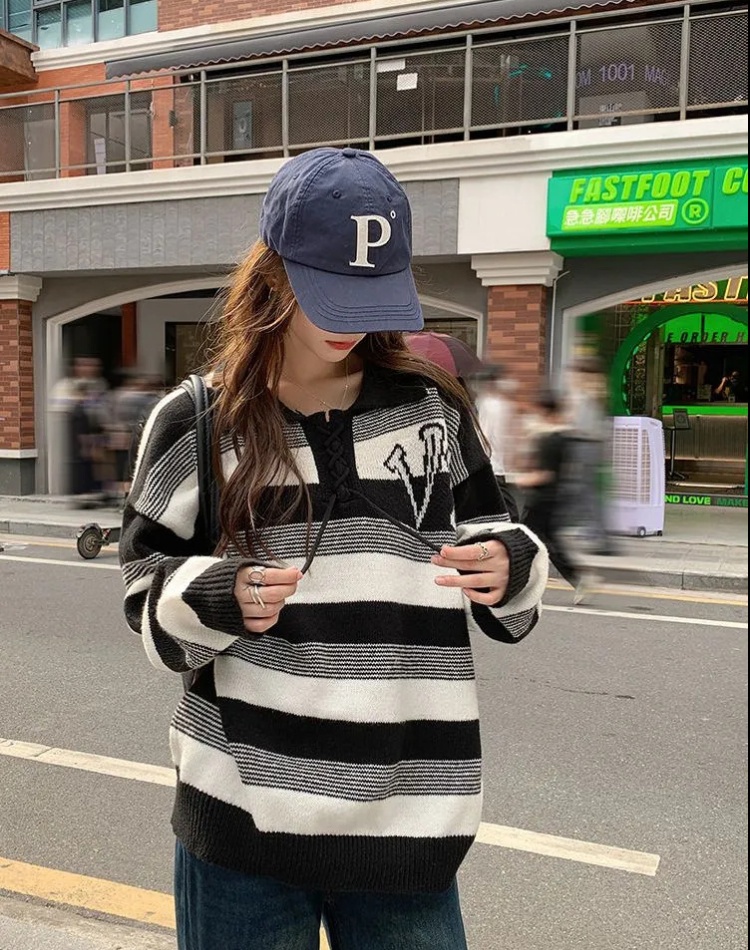 Korean style loose knitted tops stripe autumn lazy sweater
