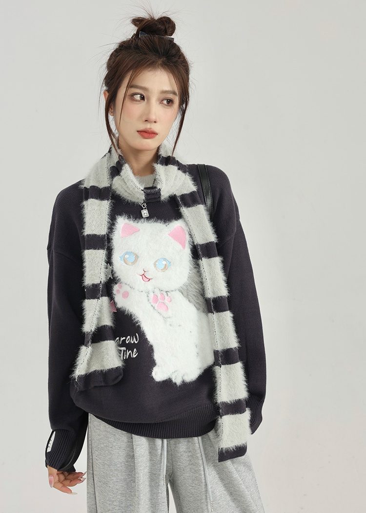 Romantic lazy kitty lovely embroidery sweater for women