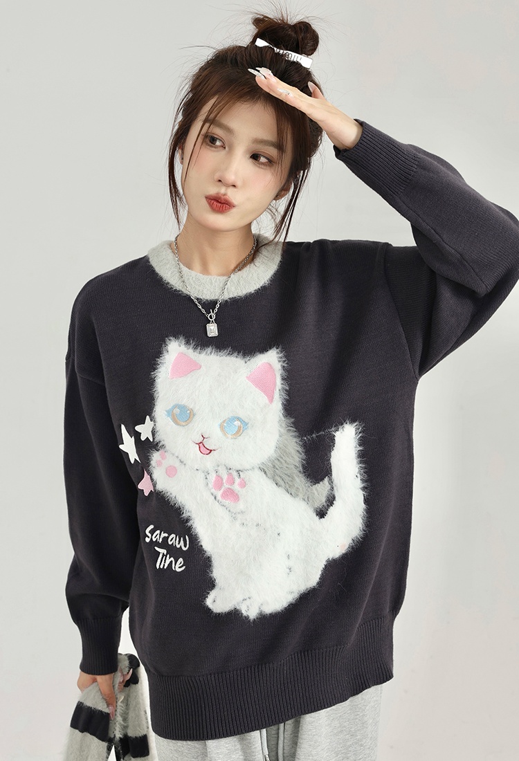 Romantic lazy kitty lovely embroidery sweater for women