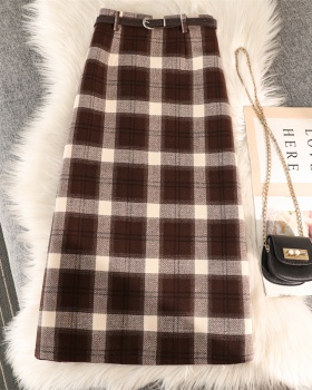 Autumn and winter woolen A-line long dress split plaid skirt
